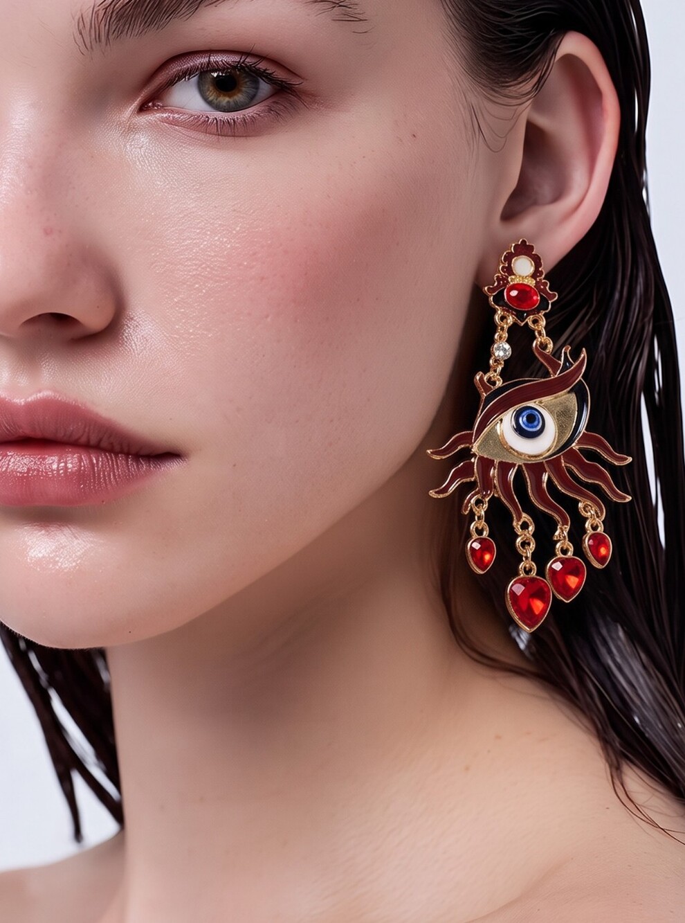 Red Evil Eye Phoenix Tassel Earrings Statement Dramatic Gold Festival